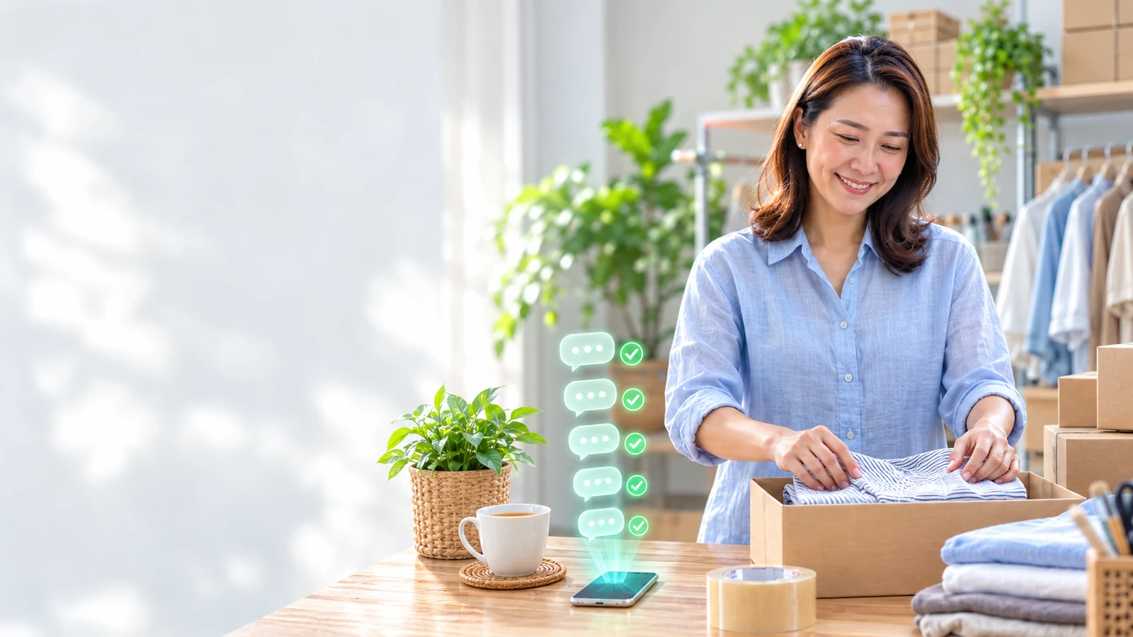 เจ้าของร้านวางมือถือลงและยิ้ม ระบบตอบคำถามให้เรียบร้อยแล้ว